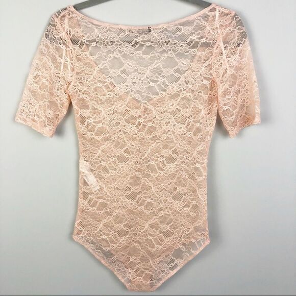 ZARA | Lace Short Sleeve Bodysuit Blush Peach Ruched Detail Women’s Size Small - Picture 10 of 11